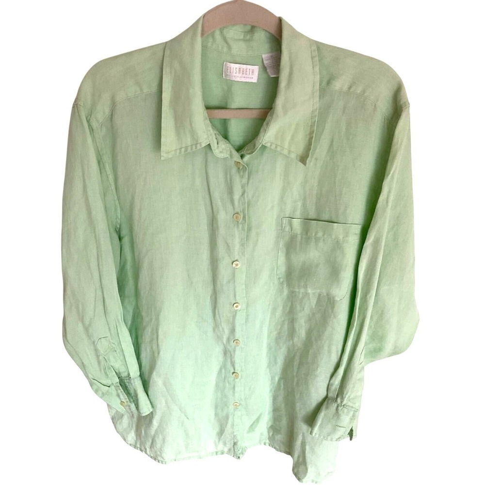 ELIZABETH Blouse Size 16 100% Linen Tunic‎ Spring Green